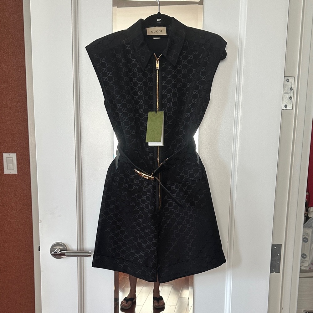 Gucci Black Jumpsuit with Gold Zipper and gold belt